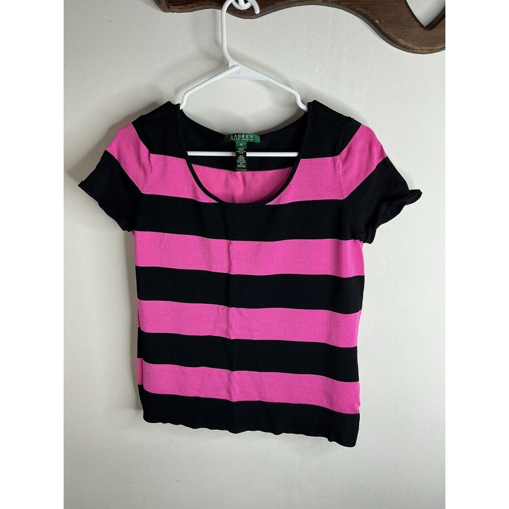 Lauren Ralph Lauren Pink & Black Striped Scoop Neck Knit Top Medium